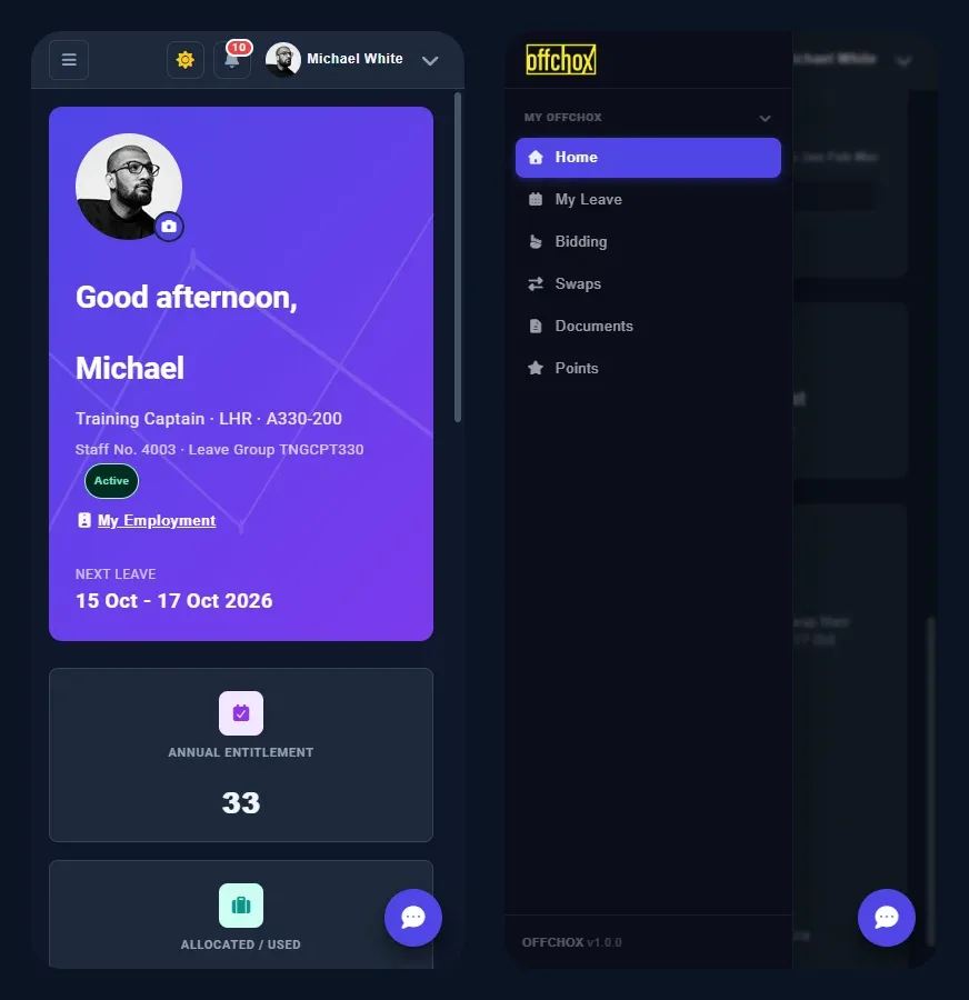 The offchox crew portal on a mobile phone: the home screen and the main menu