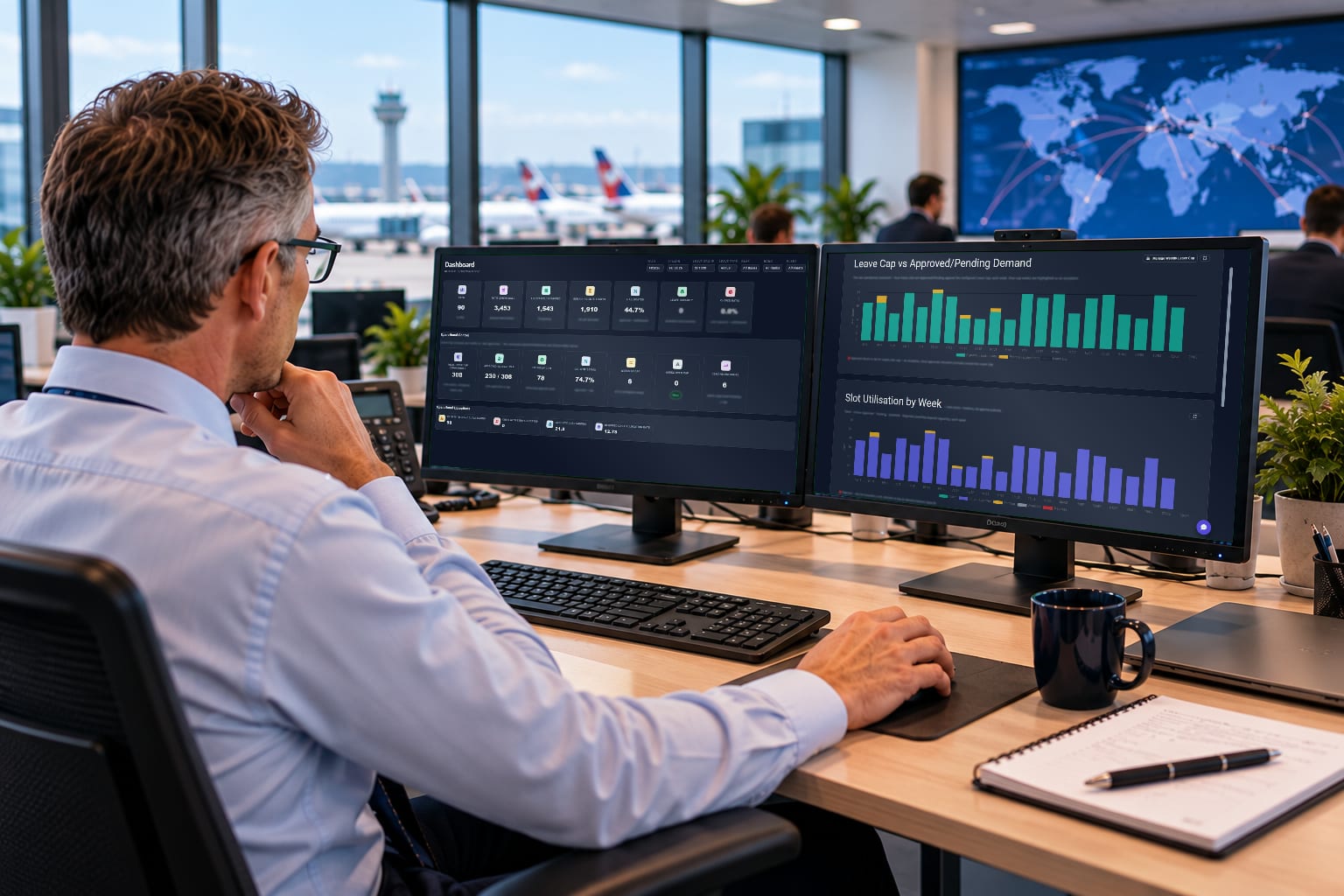 An airline operations manager at a dual-monitor workstation showing the offchox dashboard and the leave plan against the weekly Leave Cap