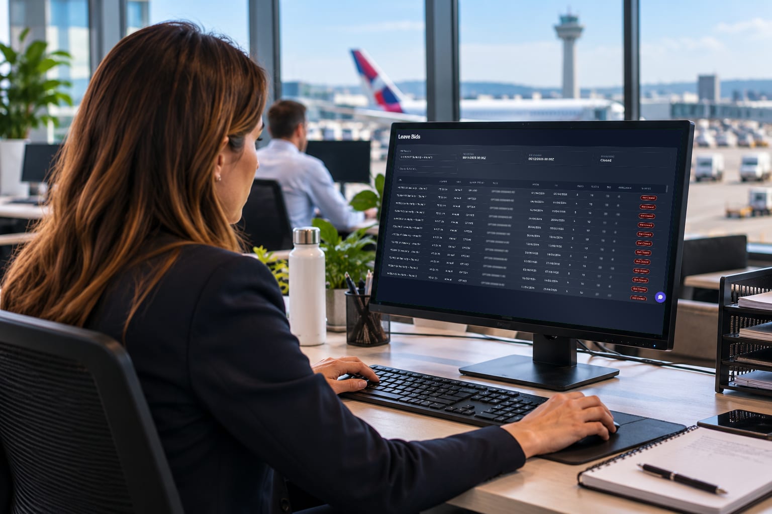 A crew planner at her desk in an airport office, reviewing an offchox leave bidding round on a desktop monitor