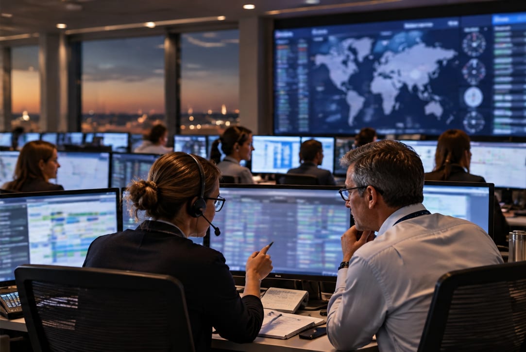 Crew controllers reviewing schedules on multiple screens in an airline operations centre at dusk