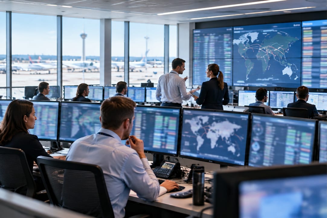 Airline operations staff at multi-screen workstations in an operations control centre, with a large wall display of network and flight status